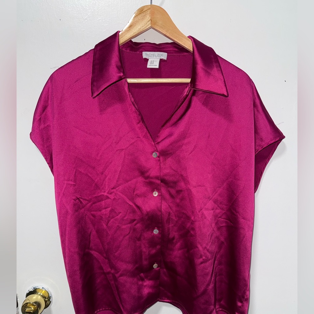 Rachel Zoe Satin Button Down Shirt - Deep Pink